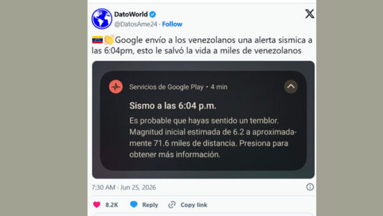 Google Earthquake Alert System showing earthquake warning on Android smartphone before Venezuela earthquake