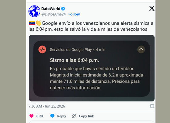 Google Earthquake Alert System showing earthquake warning on Android smartphone before Venezuela earthquake