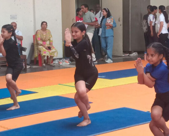 फरीदाबाद में योगासन प्रतियोगिता के दौरान विभिन्न योग मुद्राओं का प्रदर्शन करते प्रतिभागी