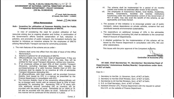 दिल्ली मेट्रो और डीटीसी बस में सफर करते यात्री, सरकारी कर्मचारियों के लिए शुरू की गई नई प्रोत्साहन योजना का प्रतीकात्मक दृश्य।