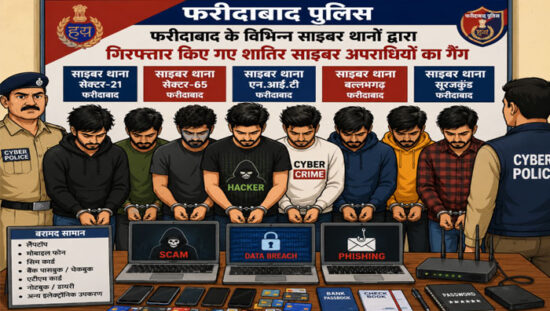 फरीदाबाद पुलिस की साइबर टीम की गिरफ्त में खड़े गिरफ्तार साइबर अपराधी।