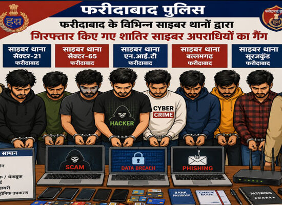 फरीदाबाद पुलिस की साइबर टीम की गिरफ्त में खड़े गिरफ्तार साइबर अपराधी।