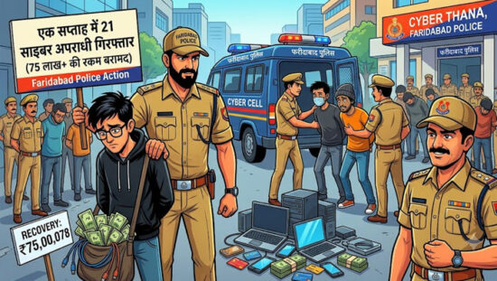 फरीदाबाद पुलिस द्वारा गिरफ्तार साइबर अपराधी और बरामद की गई रकम। फोटो : AI
