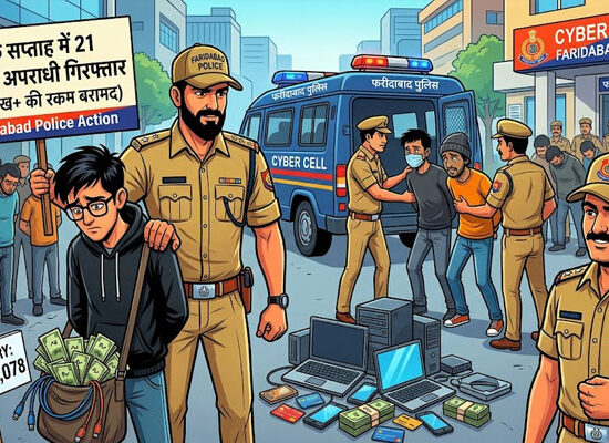 फरीदाबाद पुलिस द्वारा गिरफ्तार साइबर अपराधी और बरामद की गई रकम। फोटो : AI