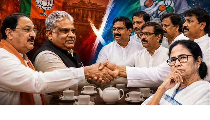 दिल्ली में TMC के बागी सांसदों और BJP नेताओं के बीच हुई बैठक पर चर्चा करते राजनीतिक नेता।