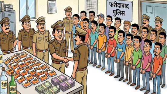 फरीदाबाद पुलिस द्वारा अवैध शराब तस्करी मामले में बरामद शराब और गिरफ्तार आरोपी