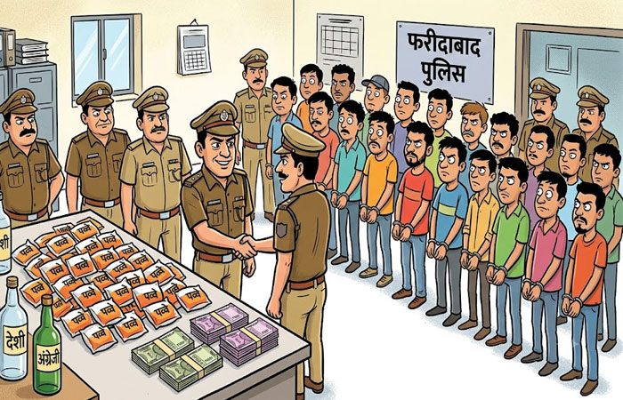 फरीदाबाद पुलिस द्वारा अवैध शराब तस्करी मामले में बरामद शराब और गिरफ्तार आरोपी