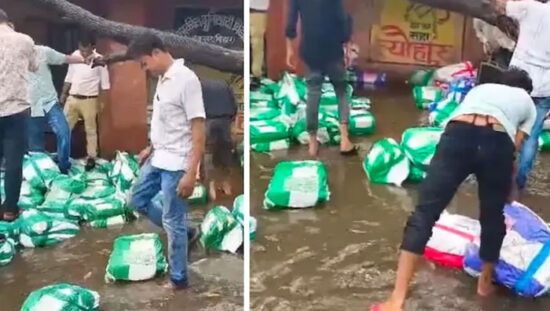 बक्सर में बारिश के दौरान पानी में बहते त्रैमासिक परीक्षा के प्रश्नपत्रों के बंडल।
