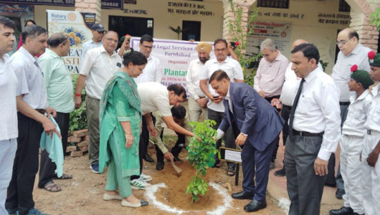 सेक्टर-7 विद्यालय में डीएलएसए पौधारोपण अभियान के दौरान पौधे लगाते अधिकारी और विद्यार्थी।