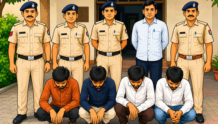 ईंट खरीदने के नाम पर साइबर ठगी मामले में गिरफ्तार आरोपी वाजिद, रामअवतार और अफरान के खिलाफ कार्रवाई करती फरीदाबाद पुलिस