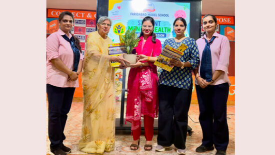 Mental health professionals interacting with students during the Mental Well-Being Seminar at Faridabad Model School.