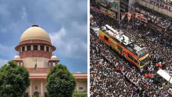 करूर भगदड़ मामले की सुनवाई के दौरान सुप्रीम कोर्ट और मुख्यमंत्री विजय का प्रतीकात्मक दृश्य।