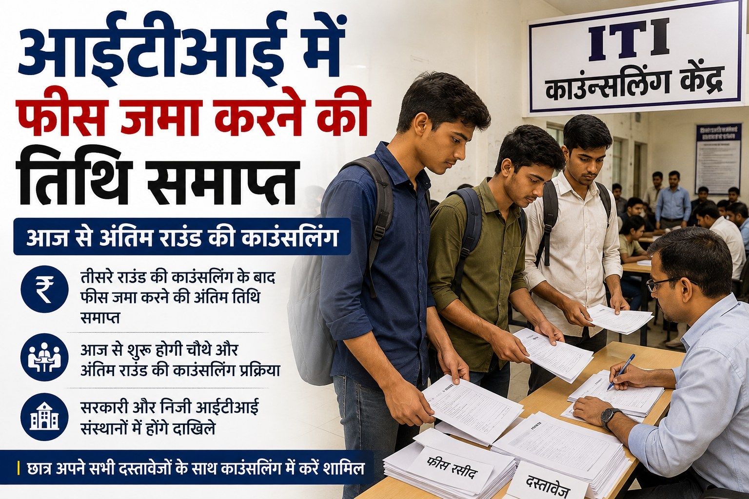 आईटीआई में फीस जमा करने की तिथि समाप्त, आज से अंतिम राउंड की काउंसलिंग
