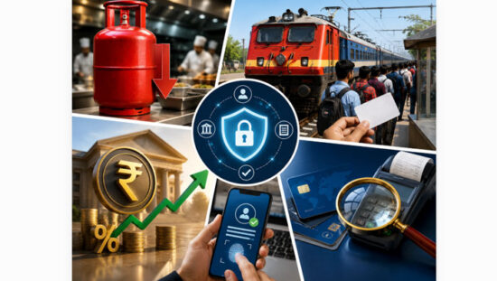 1 अगस्त 2026 से लागू नए नियमों से जुड़े प्रतीकात्मक चित्र, जिसमें एलपीजी सिलेंडर, ट्रेन टिकट, बैंकिंग और क्रेडिट कार्ड शामिल हैं।