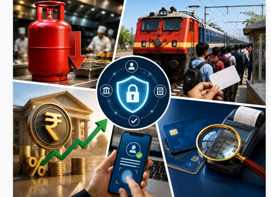 1 अगस्त 2026 से लागू नए नियमों से जुड़े प्रतीकात्मक चित्र, जिसमें एलपीजी सिलेंडर, ट्रेन टिकट, बैंकिंग और क्रेडिट कार्ड शामिल हैं।