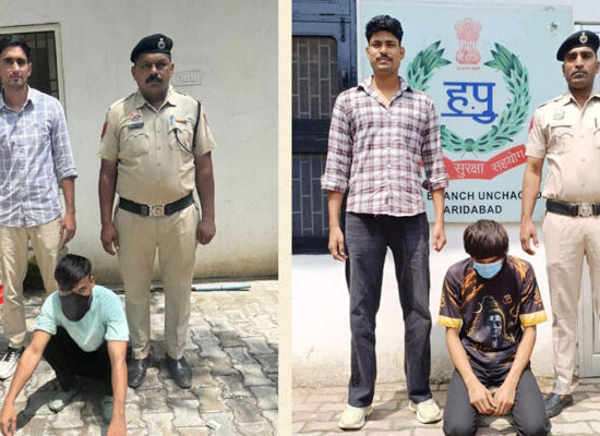 फरीदाबाद पुलिस द्वारा ऑपरेशन ट्रैकडाउन में गिरफ्तार 5 आरोपी और बरामद अवैध देसी कट्टे।