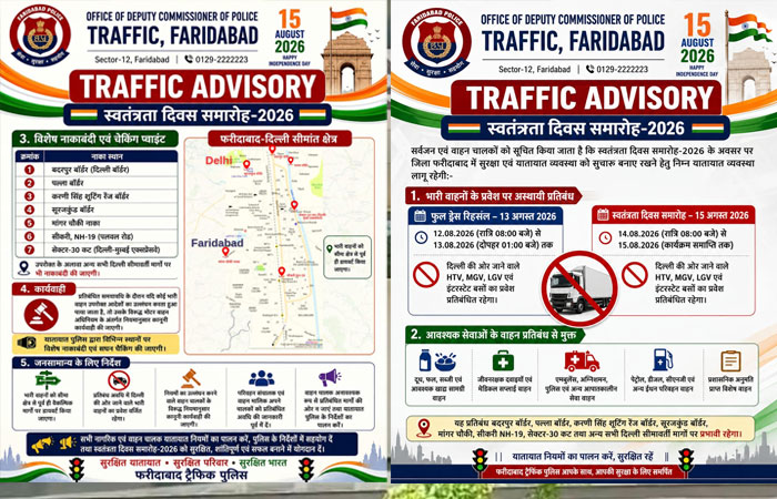 फरीदाबाद ट्रैफिक पुलिस का बॉर्डर पर चेकिंग नाका और स्वतंत्रता दिवस ट्रैफिक एडवाइजरी।