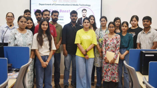 Satyam Pandey delivering a masterclass on web design and AI coding at J.C. Bose University YMCA Faridabad.