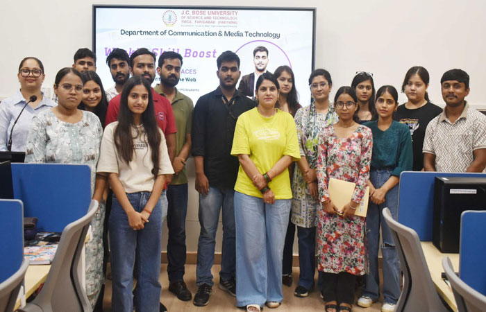 Satyam Pandey delivering a masterclass on web design and AI coding at J.C. Bose University YMCA Faridabad.