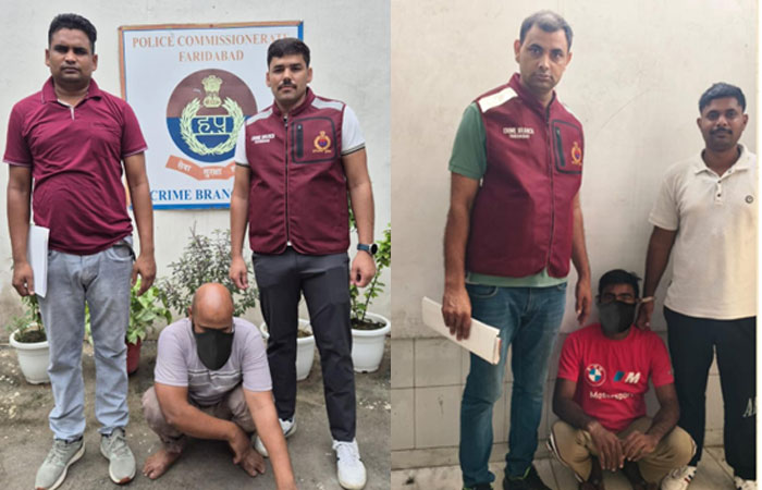 फरीदाबाद पुलिस की गिरफ्त में ऑपरेशन ट्रैकडाउन के तहत पकड़े गए 4 आरोपी और बरामद अवैध देसी कट्टे।