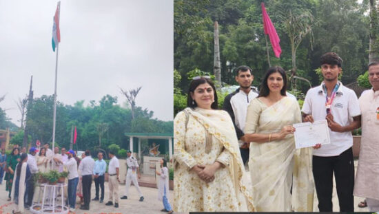 पं. जवाहरलाल नेहरू महाविद्यालय फरीदाबाद में 80वें स्वतंत्रता दिवस पर ध्वजारोहण करतीं प्राचार्या डॉ. रितिका गुप्ता