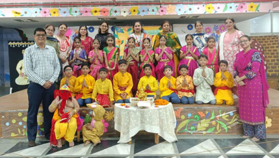DAV Public School students celebrating Ganpati Mahotsav with a tableau of Ganpati Bappa and Mushak Raj.