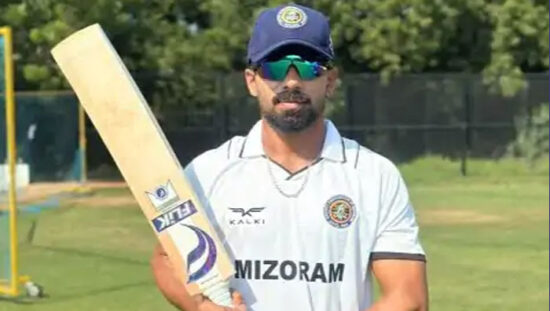 Chinmay Sutar celebrates his unbeaten 400-run innings for Mizoram in the Ranji Trophy.