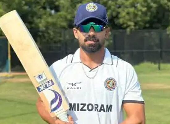 Chinmay Sutar celebrates his unbeaten 400-run innings for Mizoram in the Ranji Trophy.