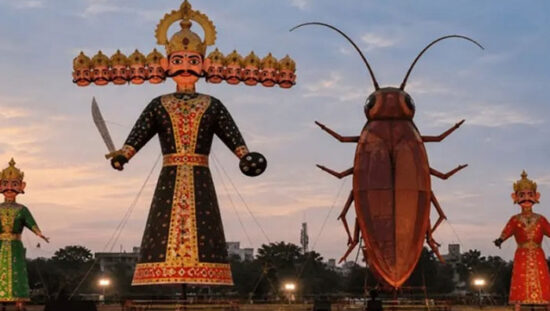 Dussehra celebrations in India featuring Ravana effigies, fireworks and a symbolic cockroach effigy in Delhi.