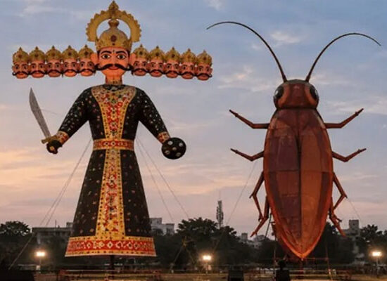 Dussehra celebrations in India featuring Ravana effigies, fireworks and a symbolic cockroach effigy in Delhi.