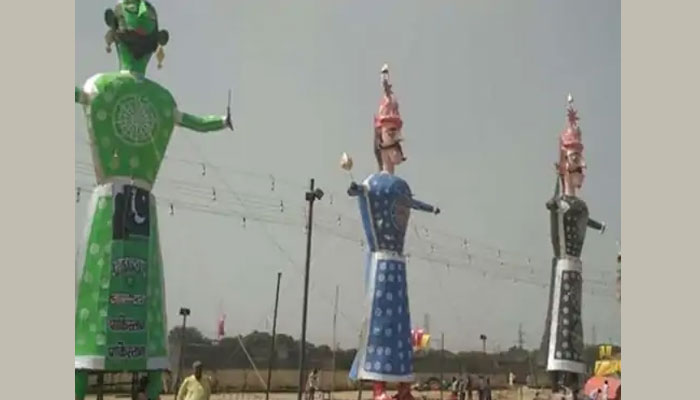 फरीदाबाद के सेक्टर-30 दशहरा महोत्सव में रावण, मेघनाथ और कुंभकरण के विशाल पुतले