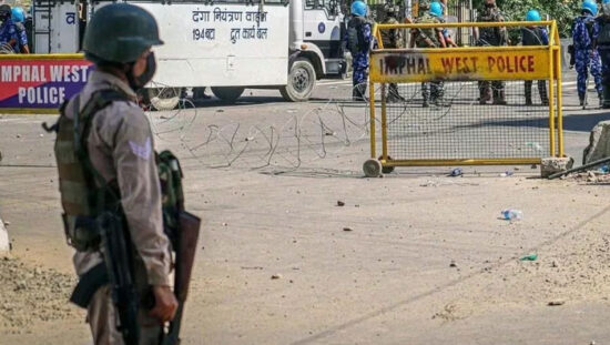 Security personnel outside the Manipur Chief Minister's residence during a protest following fresh violence in the state