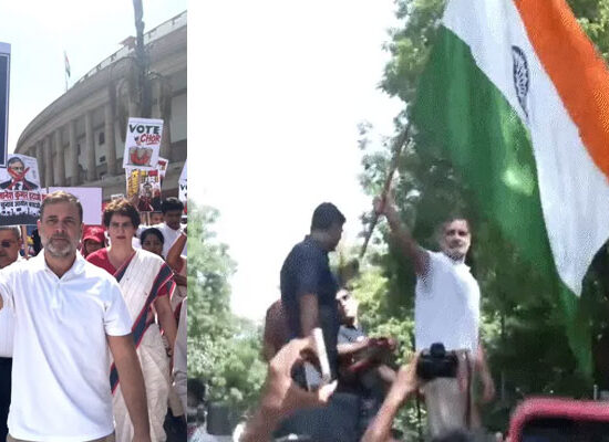 चुनाव आयोग के खिलाफ मार्च के दौरान राहुल गांधी और विपक्षी नेता
