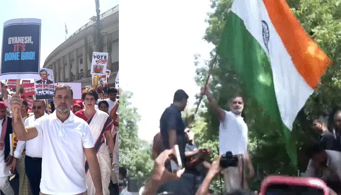 चुनाव आयोग के खिलाफ मार्च के दौरान राहुल गांधी और विपक्षी नेता