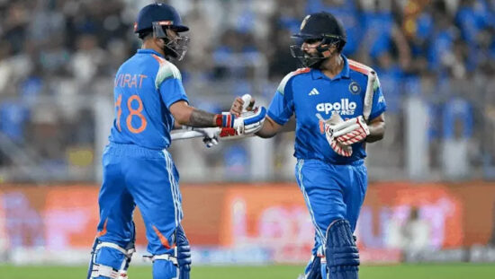 Rohit Sharma and Virat Kohli during an India cricket match ahead of discussions over their 2027 World Cup selection.